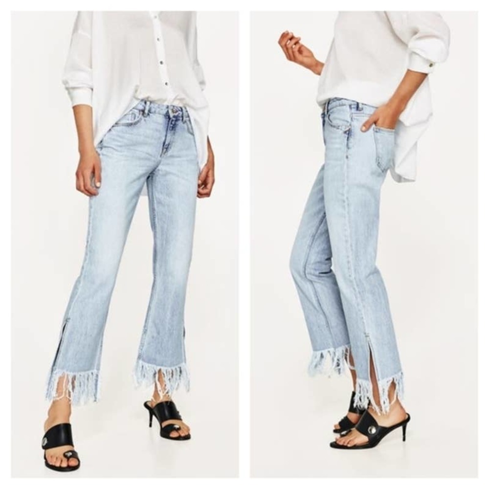 ZARA Basic Distressed Mid-Rise Fringe Side Slit Crop Jeans  Size 6